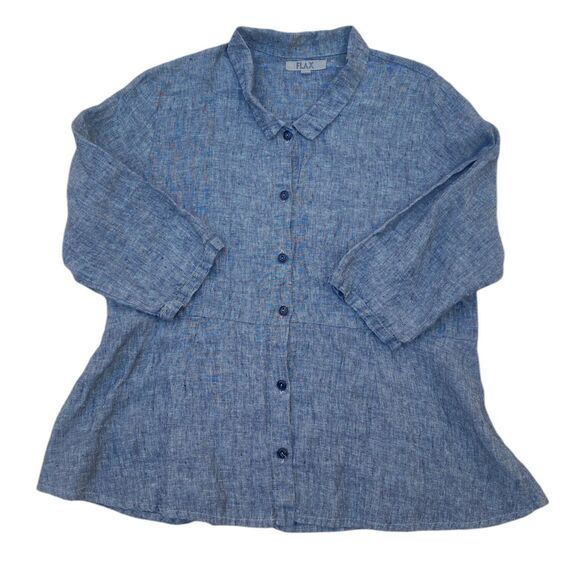 Flax Size Large L Dark Gray Button Down Linen Shirt Peplum Lagenlook Coastal - Picture 7 of 16